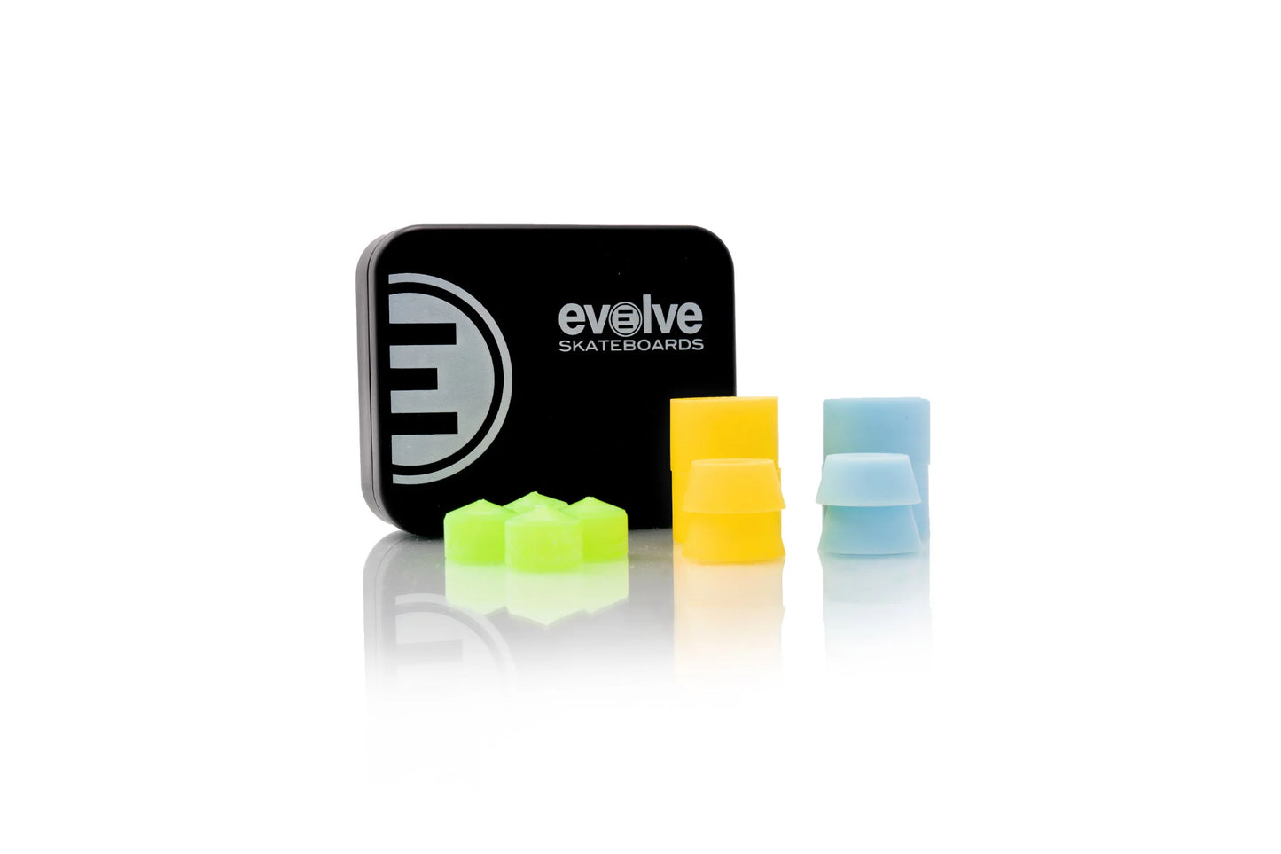 Evolve Skateboards bushings in green, yellow, and blue with branded case for electric skateboards