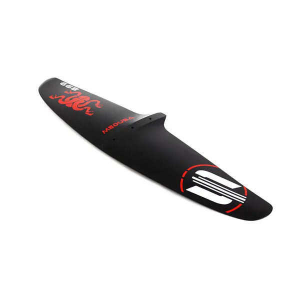 Black Medusa foil board with red dragon graphic, ideal for wing foiling and kitesurfing adventures.
