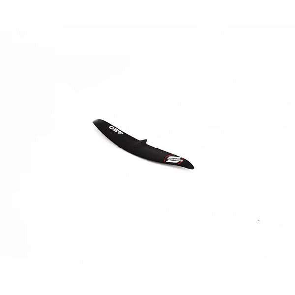 Black hydrofoil wing for wing foiling and kitesurfing, sleek design with white and red accents